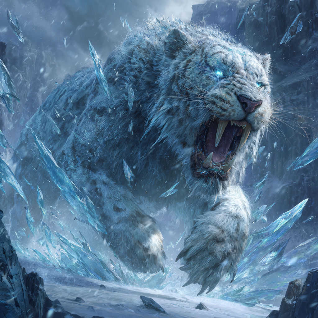 A primal sabertooth with massive, elongated fangs glinting like icy blades, its fur shimmering with frost and crystalline shards. Cold energ...