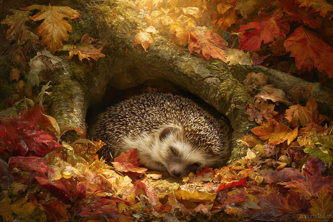 a small hedgehog curled up on a soft bed of colorful autumn leaves, nestled at the bottom of a large majestic tree, November forest with war...