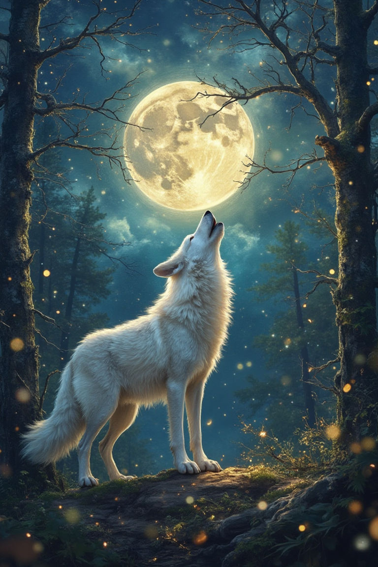 The masterful brushstrokes of Peter Paul Rubens and Rembrandt give life to a beautiful white wolf howling at the moon. Mysterious, night for...
