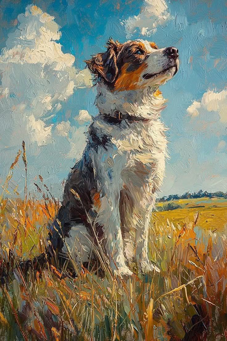 Oil painting of a dog on a flowery field 