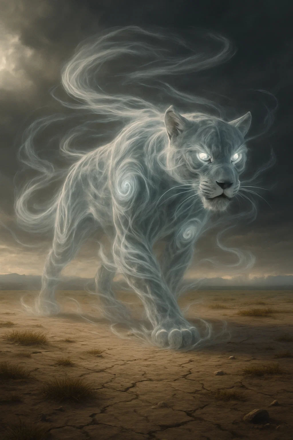 A legendary wind-elemental leopard standing on a vast flat plain of cracked dry soil and scattered grass patches. Its body is formed entirel...