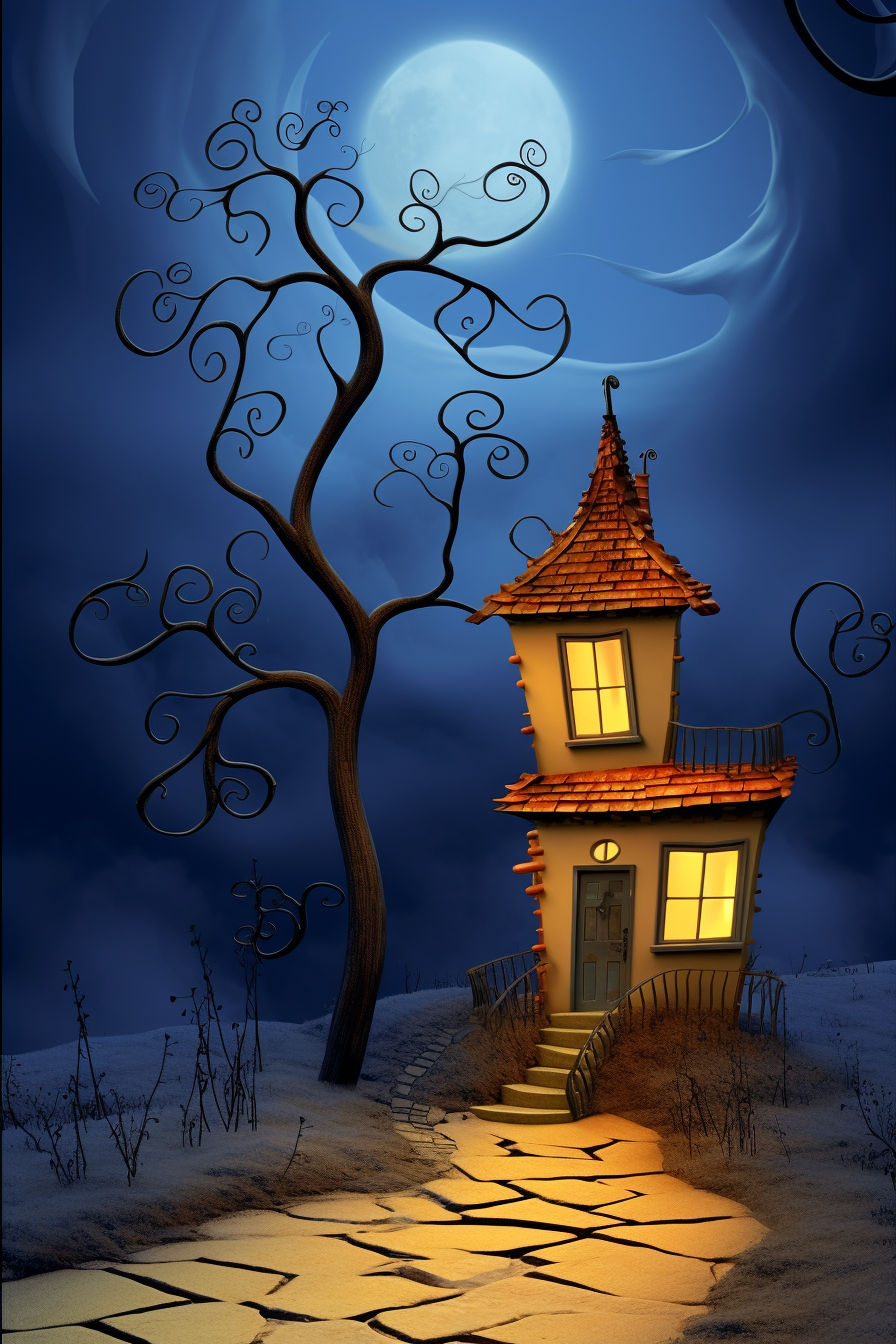 surreal abstraction abracadabra airy twisted curl fractal chagall style small cute house alone street light tree foggy night