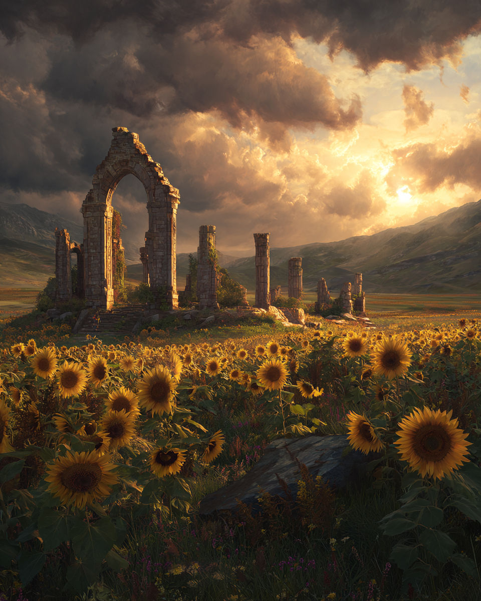 golden light shines on a sunflower field. In the middle are stone remains of a n ancient medieval temple. Concept art in the style of magic ...