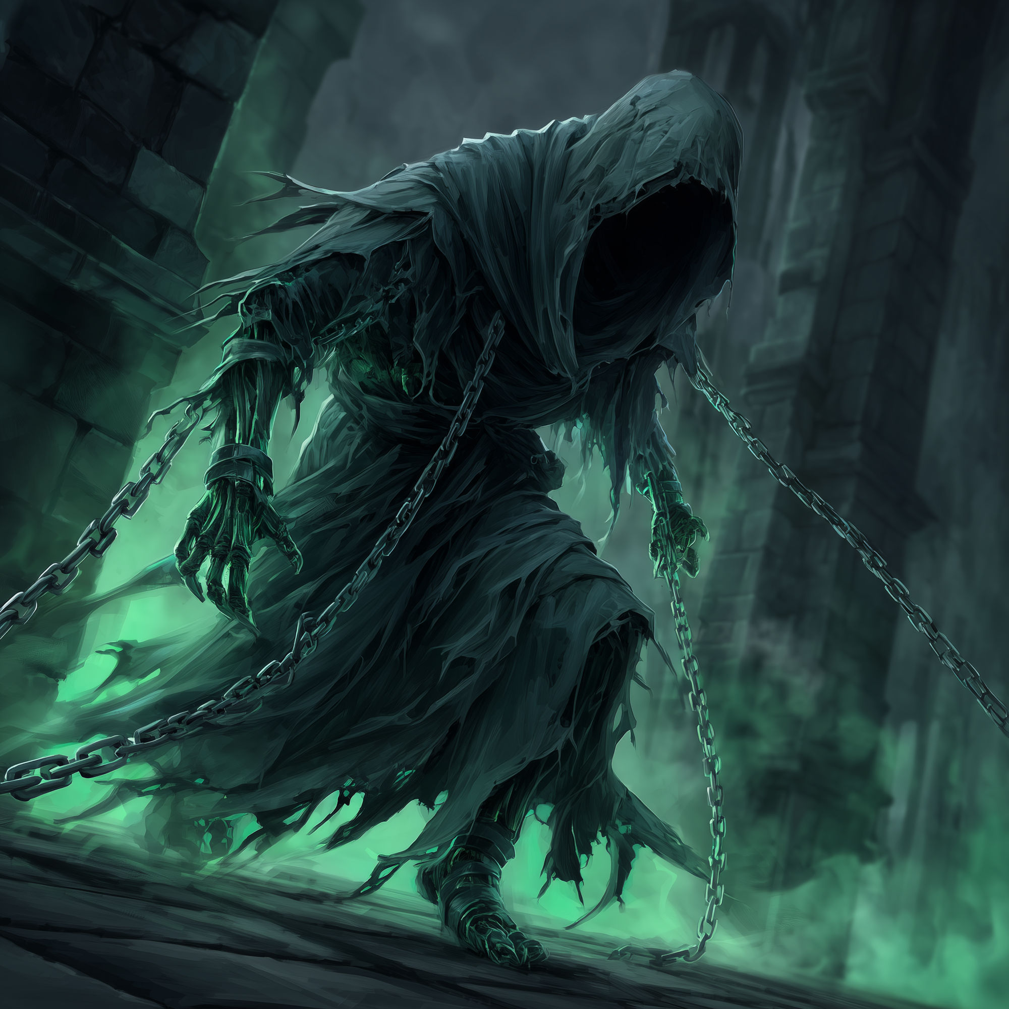 A haunting black and green wraith. He is wearing a torn cloak with a hood, as his terrifying hunched form is floating along haunted ruins. H...