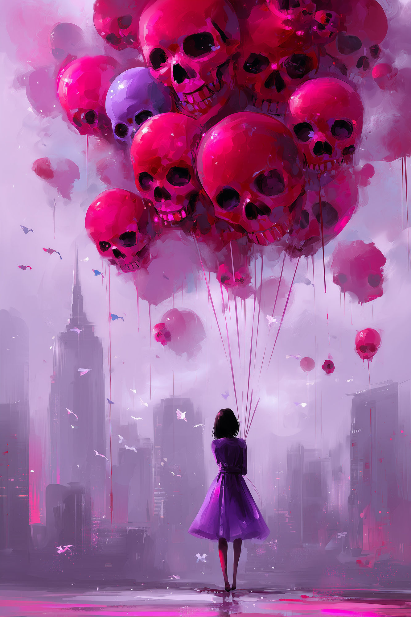 Romantic scene with floating skull balloons, cluster of red and pink skull-shaped balloons, delicate figure in purple skirt dreamy misty atm...