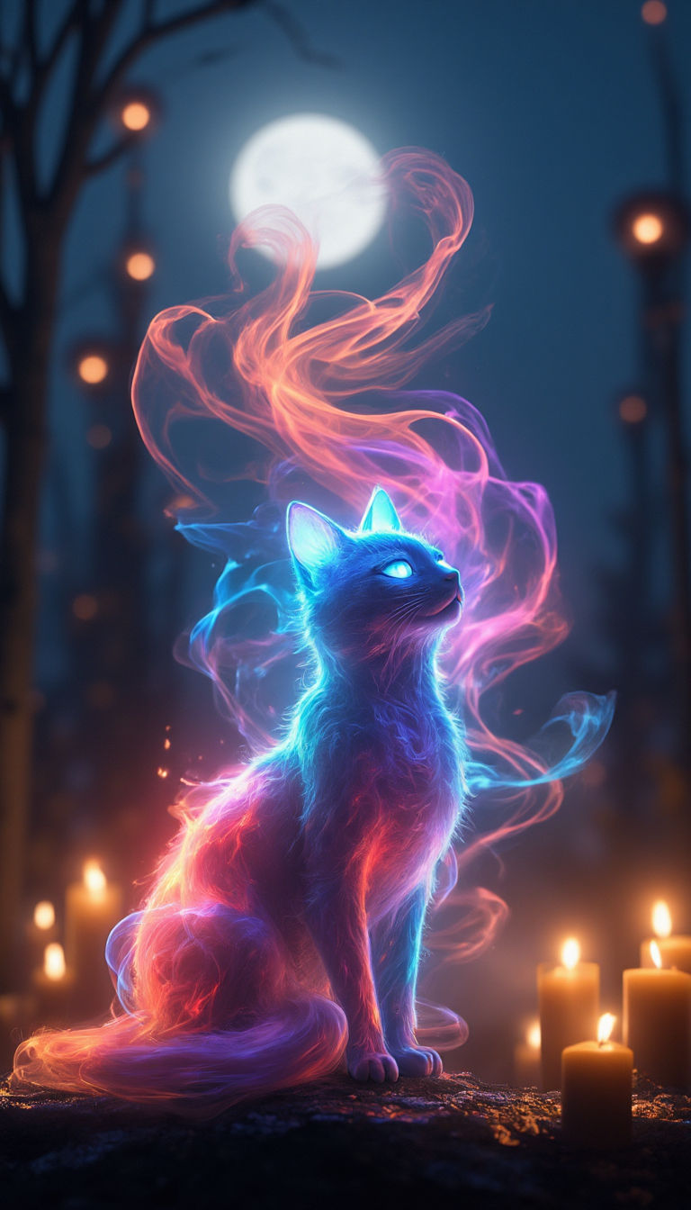Smoke swirls in mid-air, forming an ethereal cat silhouette, its intricate details and vibrant colors captivating the eye. Against a mystica...
