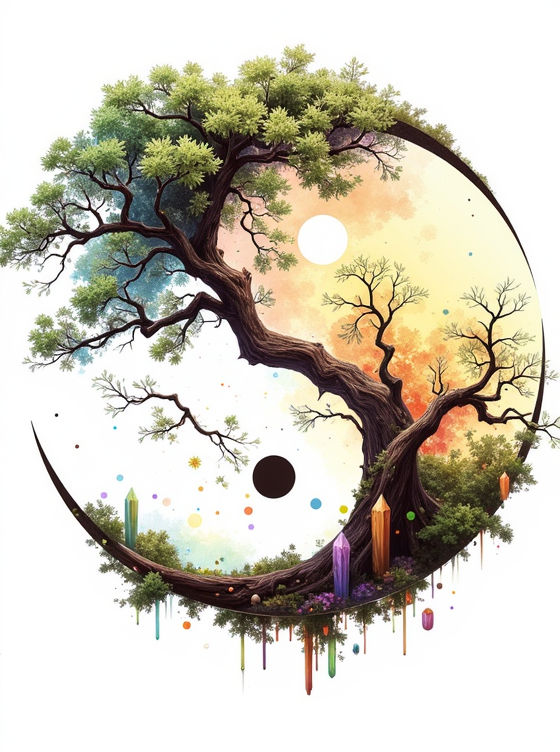 In a mesmerizing realm where the Ying Yang tree stands tall amidst a forest of shimmering crystals, the scene unfolds like a blend of Rounde...