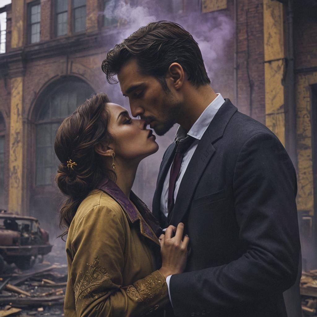 Foreground: Middle aged latino police investigator kissing his undercover FBI Agent young wife