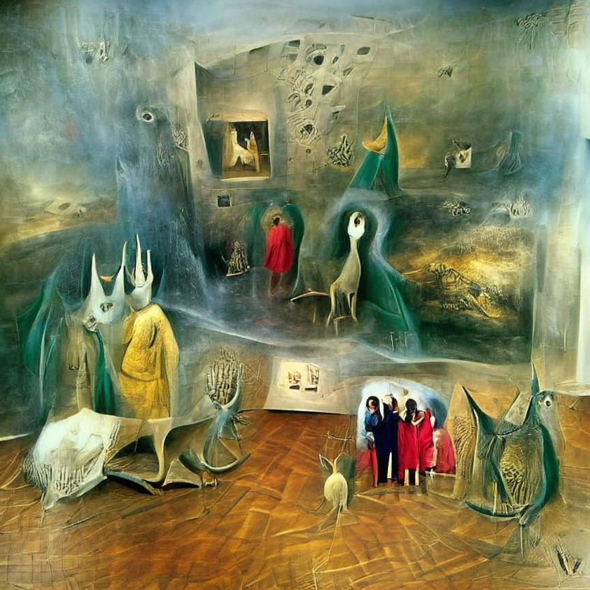The Visitors, in the style of Leonora Carrington