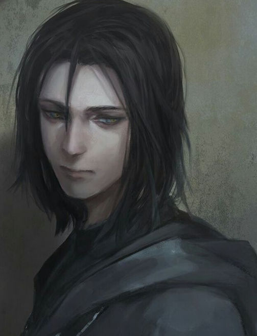 A young looking pale slender elven man with shoulder length straight black hair. He has piercing somber eyes wearing black elegant clothing...