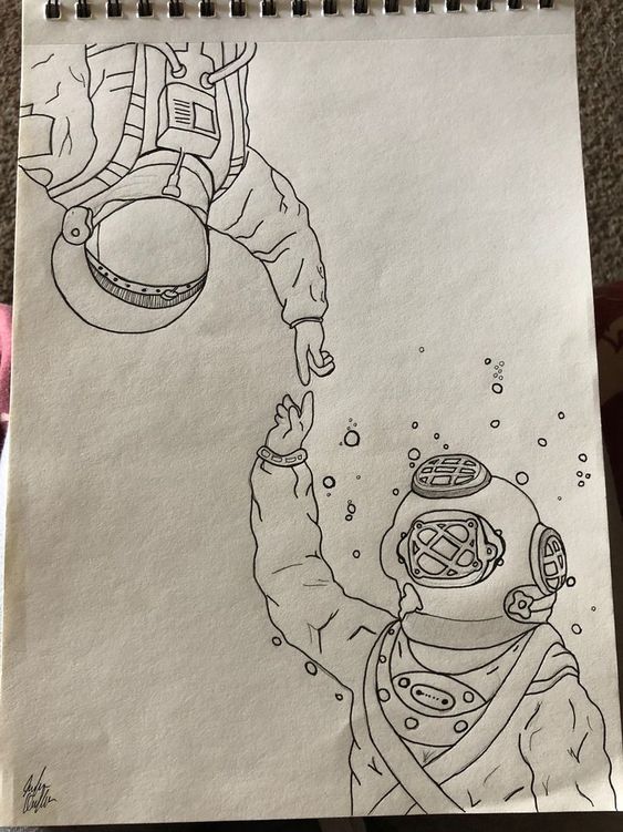 a vibrant and imaginative illustration of a diver reaching out to an astronaut in space. The diver should be surrounded by bubbles and unde...
