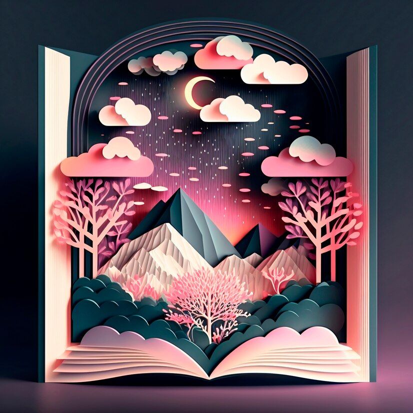 Magic fairy tale book of mountain landscape at night papercut illustration with layers