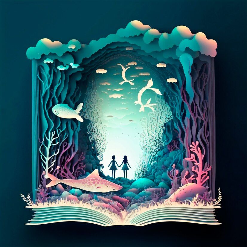 Magic fairy tale book illustration with a couple underwater 