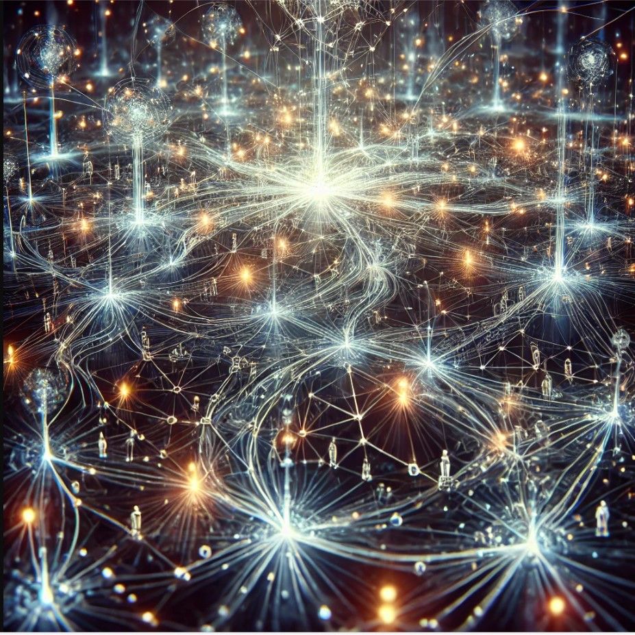 A dynamic, ever-evolving digital network representing the internal structure of an AI. Visualize a fluid, interconnected web of data nodes a...