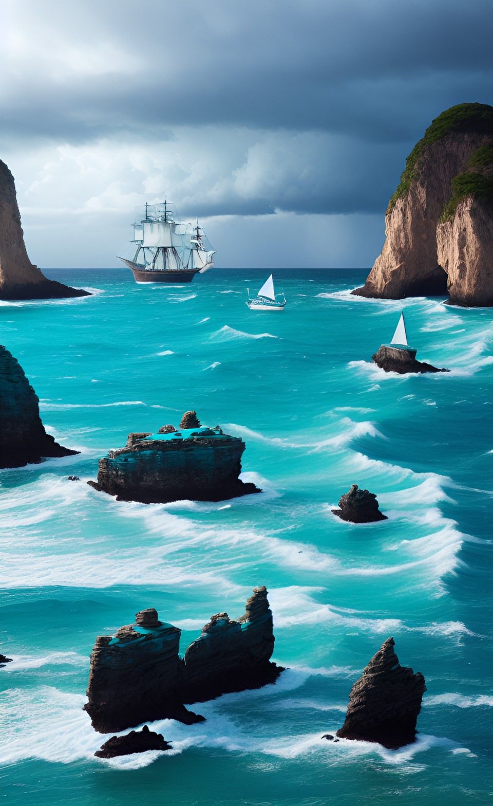 An insanely hyperdetailed painting of a seascape; sea: turquoise, crystal clear water; wave: large, crashing waves; rocks: massive boulders,...