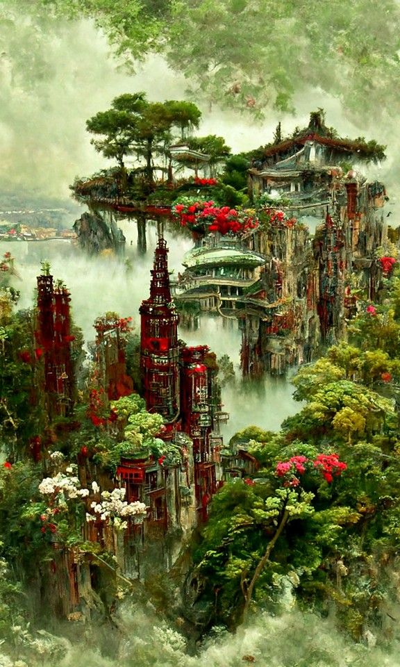 buildings surrounded by red flowers and green trees, and along a winding river of clear blue crystal water in distance in thin misty haze under blue sky with sunrays shine on it seen from above in distance