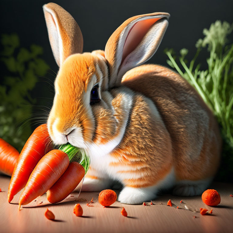 Insanely detailed hyperrealistic painting of a beautiful ENGLISH LOP baby rabbit eating a red carrot, with simple and suitable background;Ad...