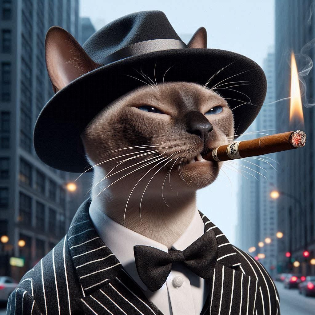 (Gangster Siamese cat 1.1) smoking a cigar, in the city at night