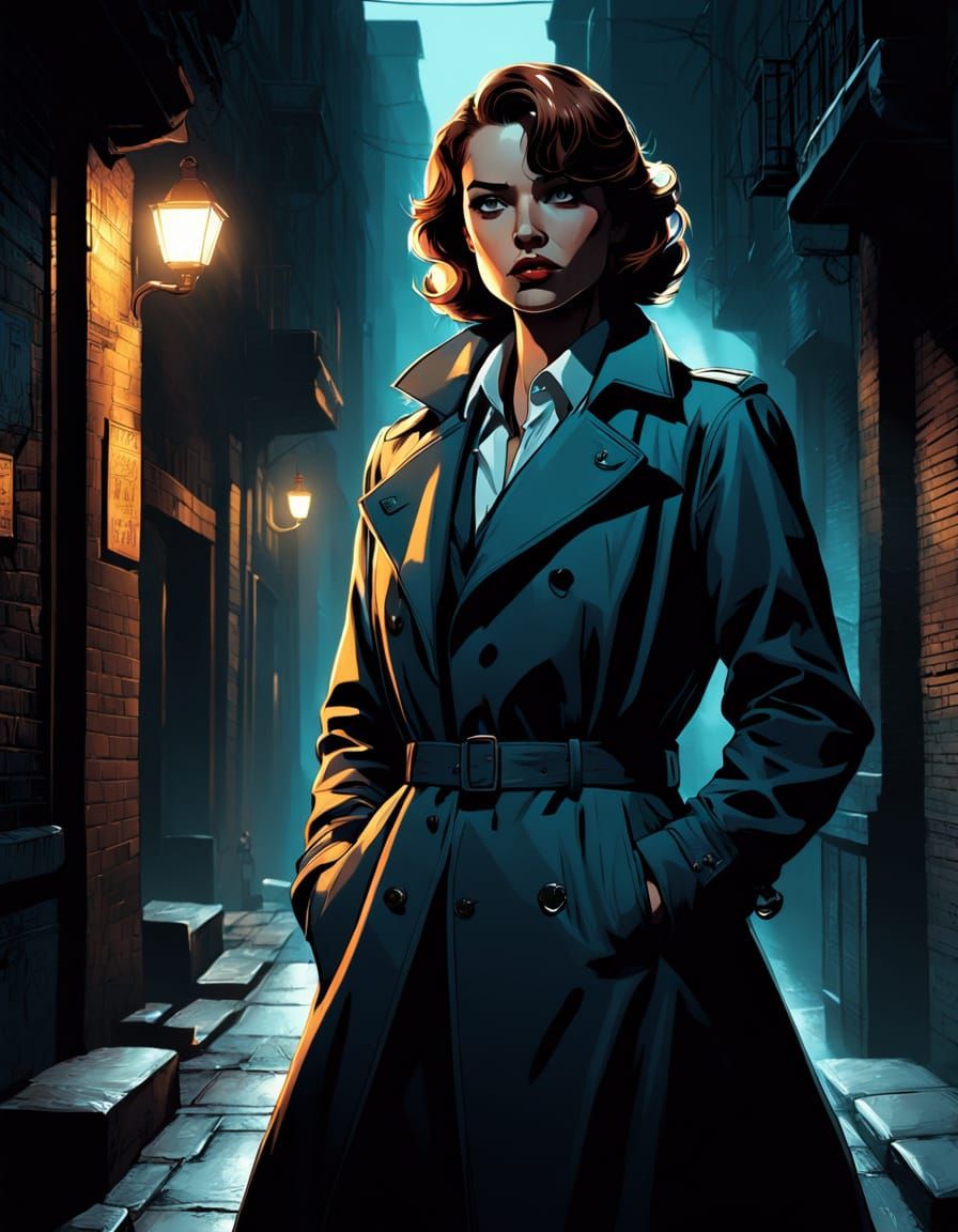 Detective stands in the alley, watching carefuly, looking for clues