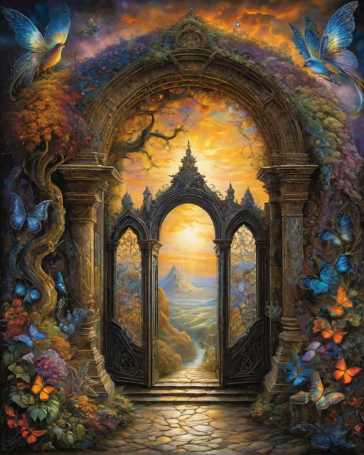 A fantastical scene, blending elements of Rembrandt's chiaroscuro, Josephine Wall's intricate fantasy, and Tim Burton's gothic quirks, showc...