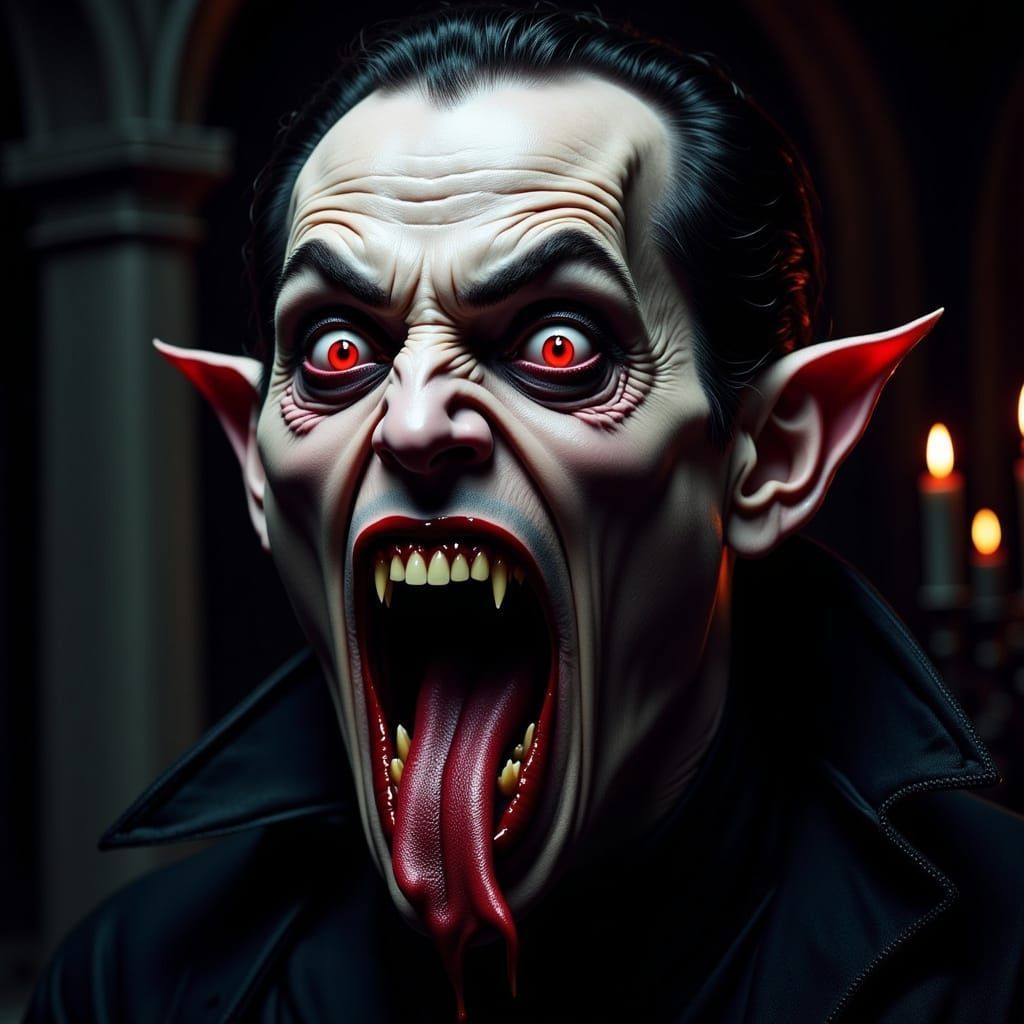 Creepy frog laughing with giant teeth sitting in a swamp