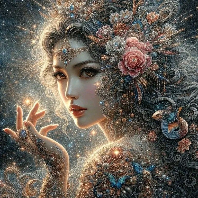 Side view of a young woman with flowers on her head, adorned with 3D pop-up  flowers and beads, intricately arranged to resemble a lush gard...