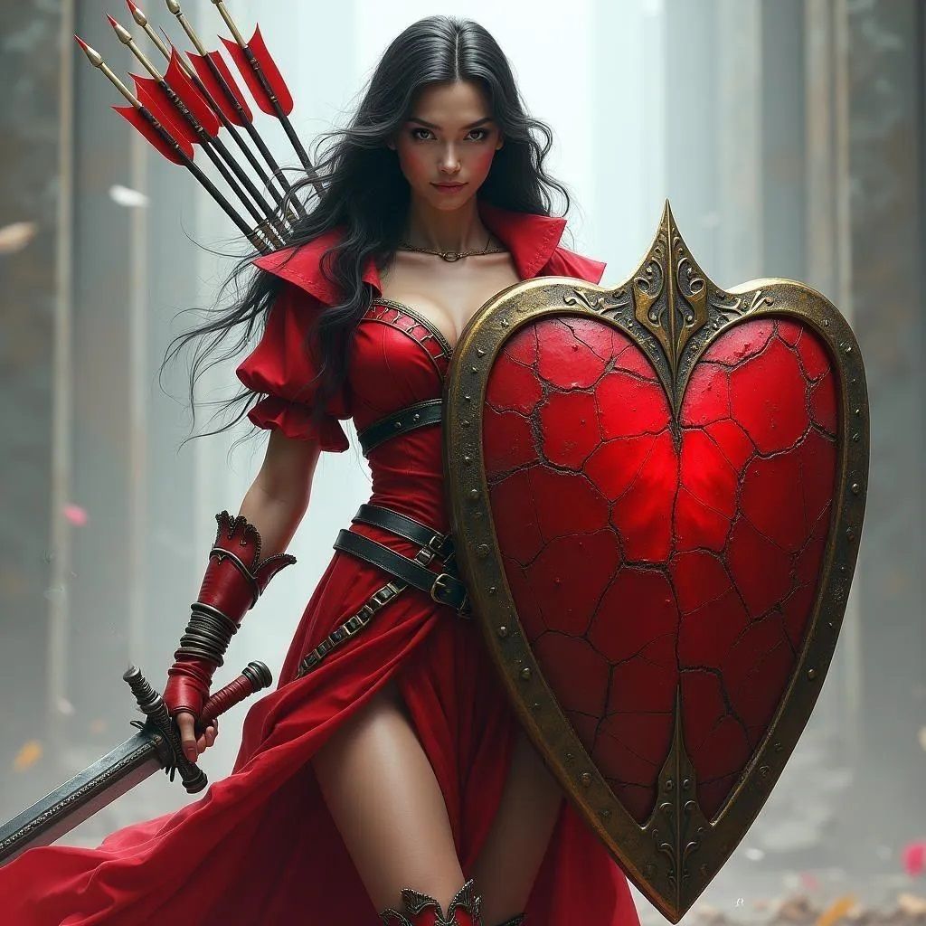 Cute Anime girl covered with a big red love shield, bold vibrant colors, high details 