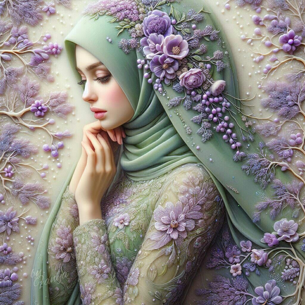 Digital art of hijab girl with pop up purple flowers and Leaves on her hijab