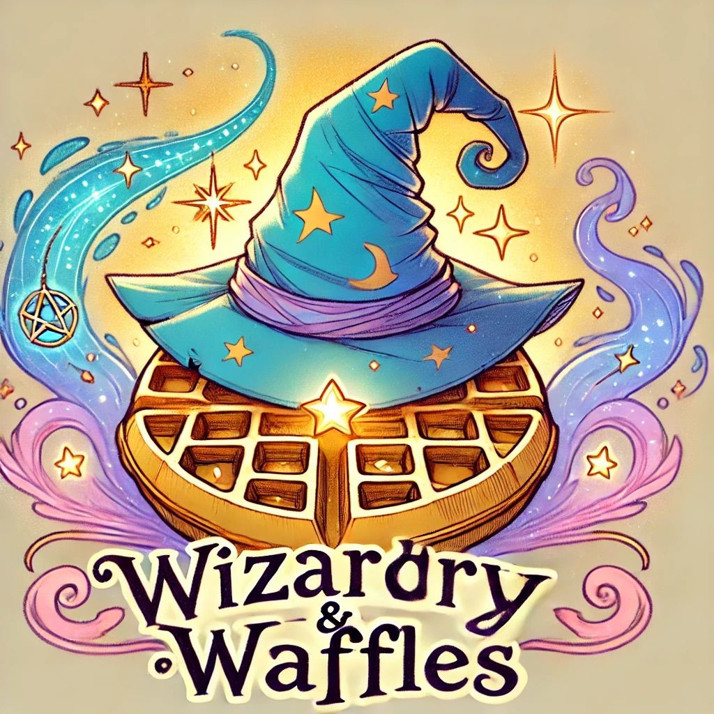A wizard with waffles, magic spells going off, a waffle llama, and a rubber chicken