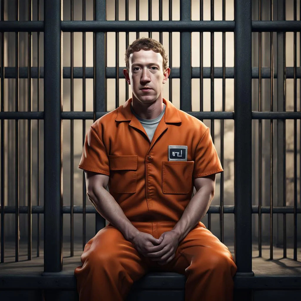 mark zuckerberg in jail behind bars wearing Facebook blue prisoner overalls, 8K 3D 8k resolution