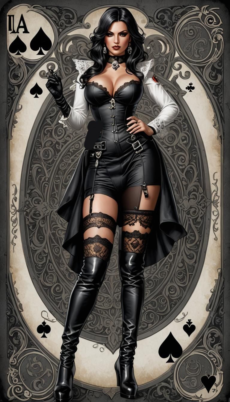 Black ace of spades playing card centered with a curvy pinup girl with dark gray hair