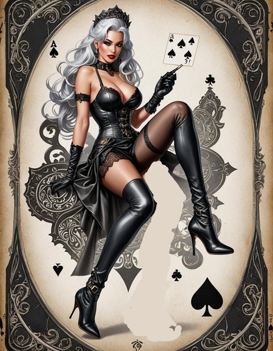 (Ace of black spades 1.5) (playing card 1.5) centered with a pinup girl with silver hair, wearing thigh high pantyhose, bra, garter belt and...