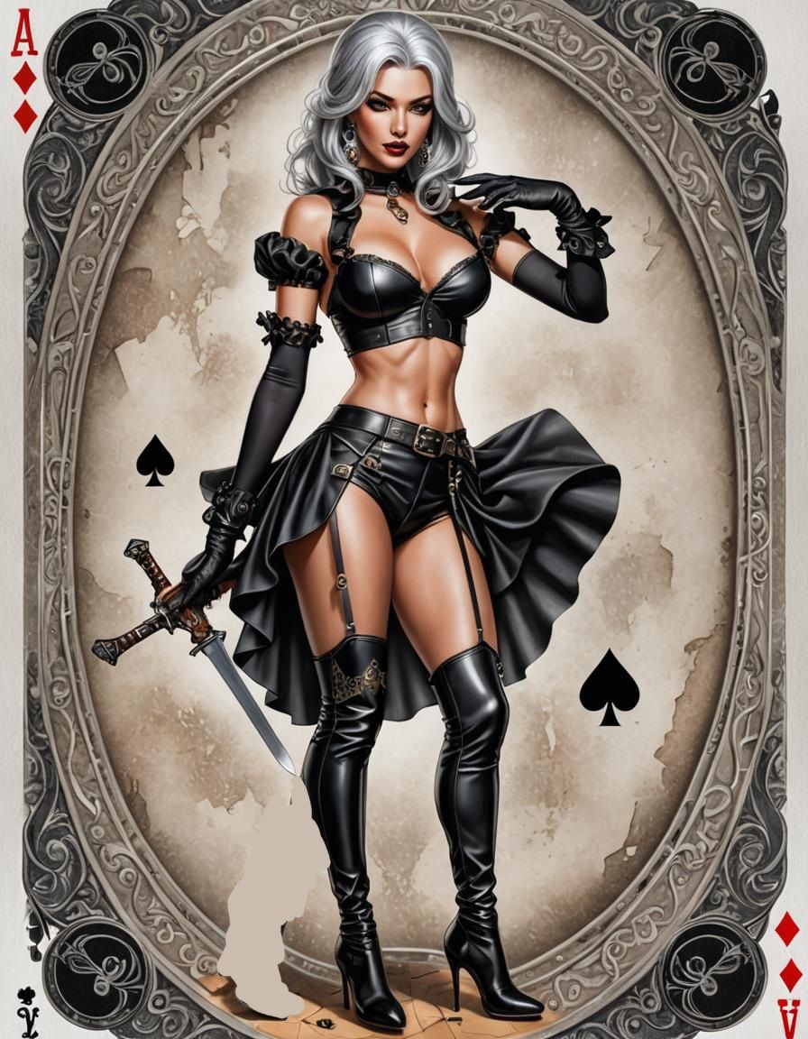 (Ace of black spades 1.5) (playing card 1.5) centered with a pinup girl with silver hair, wearing thigh high pantyhose, bra, garter belt and...