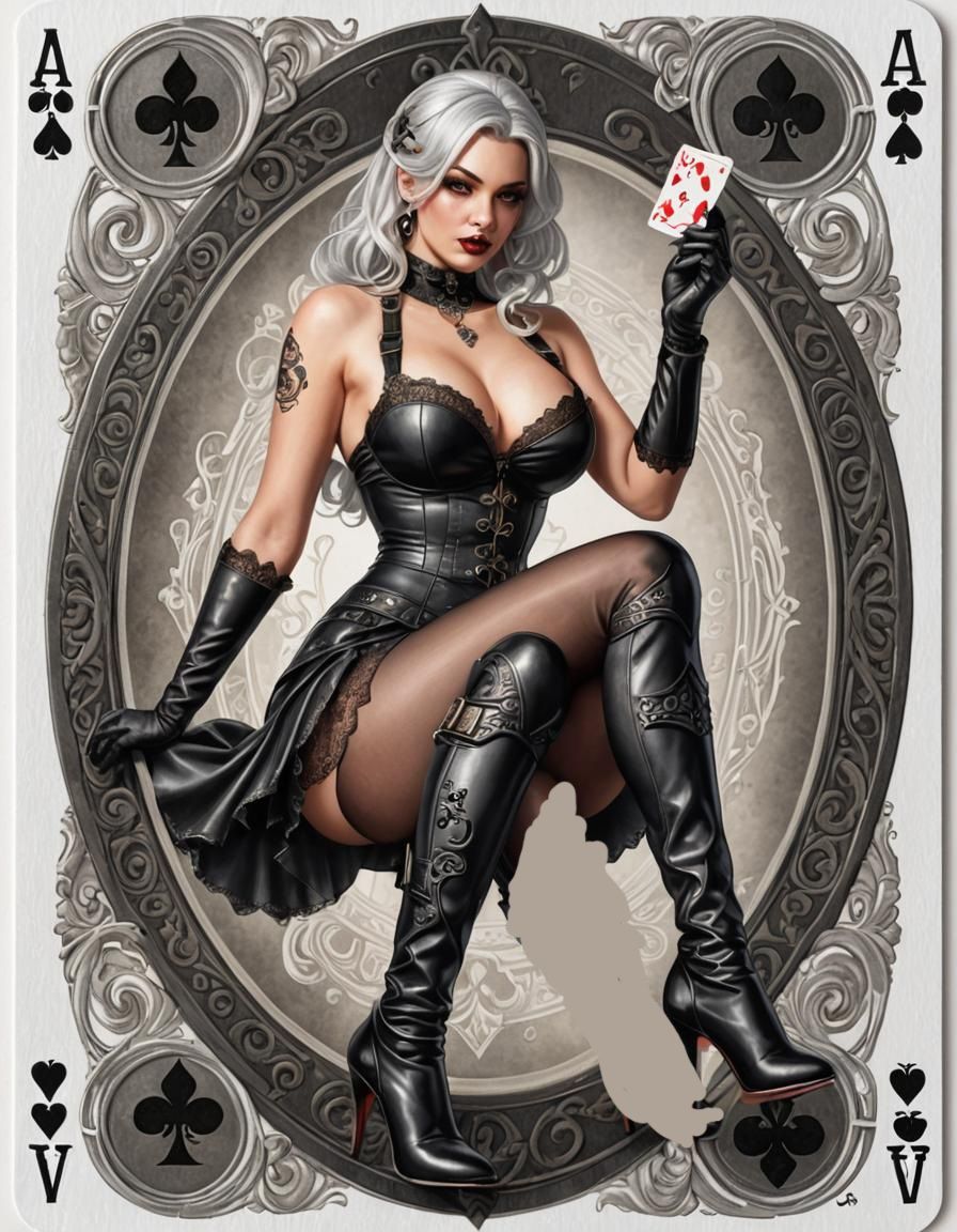 (Ace of black spades: 1.5) (playing card: 1.5) centered with a curvy pinup girl with silver hair, wearing thigh high pantyhose, bra, garter...