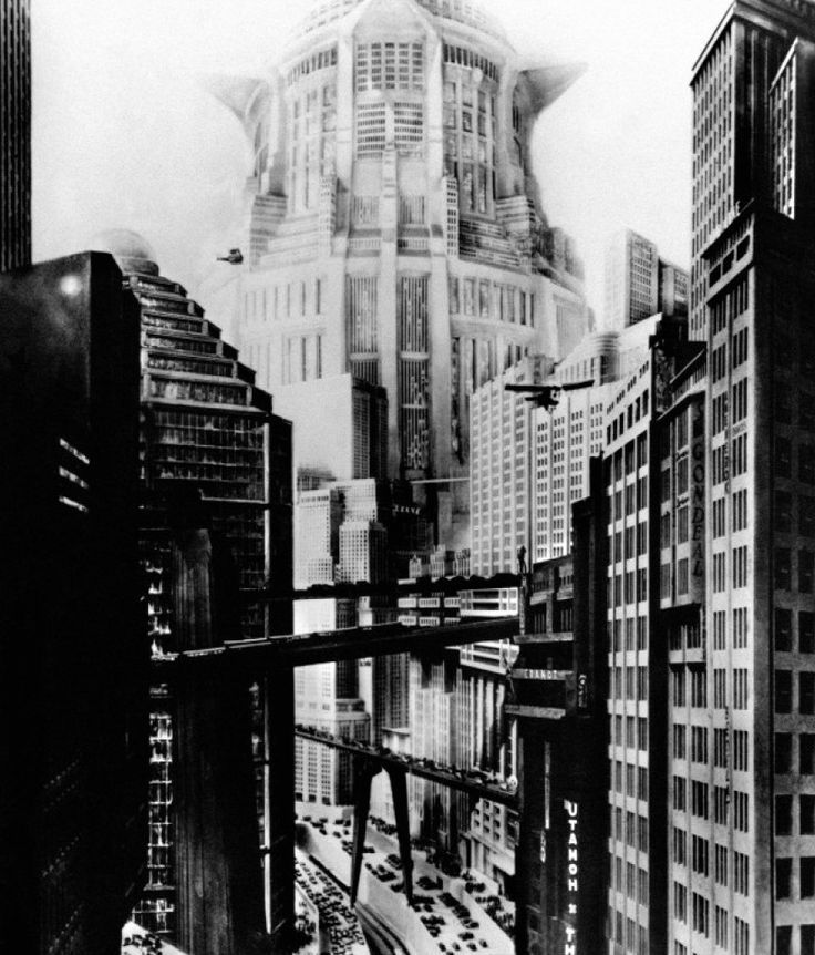 A futuristic cyberpunk modernization of the city in the 1927 movie Metropolis with Blade Runner flying spinner vehicles
