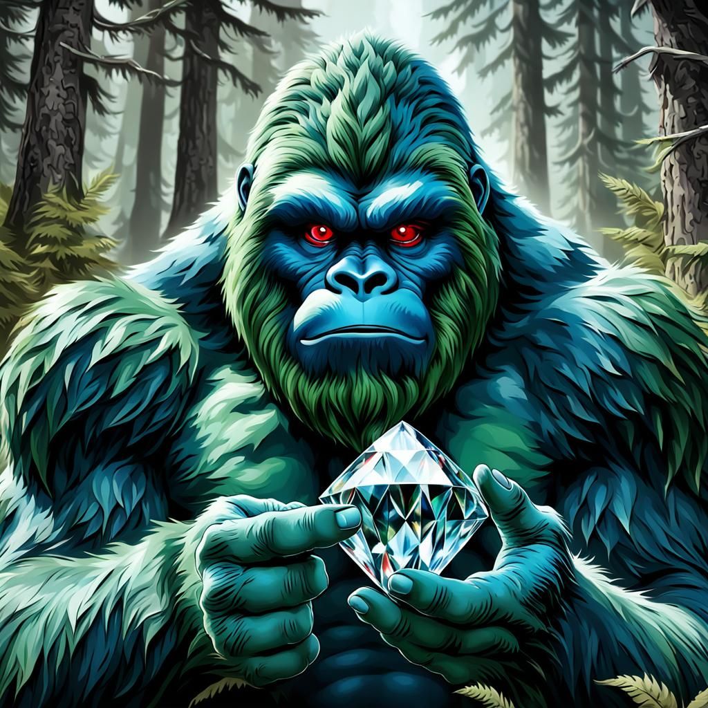 Realistic green and blue color Bigfoot holding a diamond liquid with red eyes. mountain the background. logo