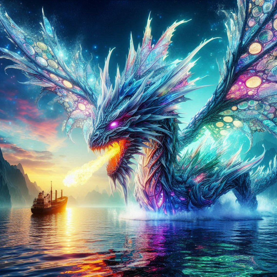 In a breathtaking, ethereal ocean, an extraordinary perfectly detailed Water-Dragon with Huge-Wings with holes in them  exploding out of the...