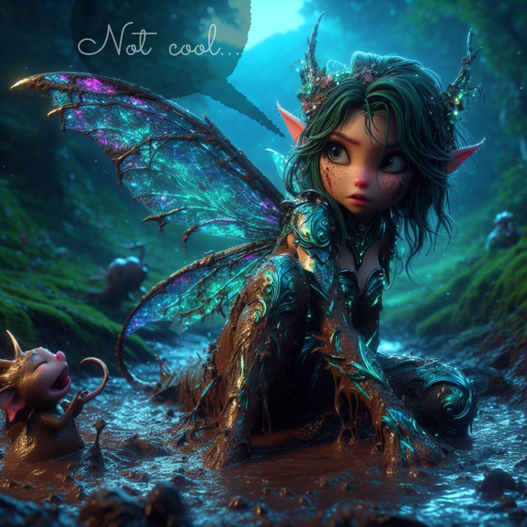 Full body, iridescent, shiny, wet, bioluminescent, action shot of cute muddy pixie fallen into a mud pit, with perfect features, entwined in...