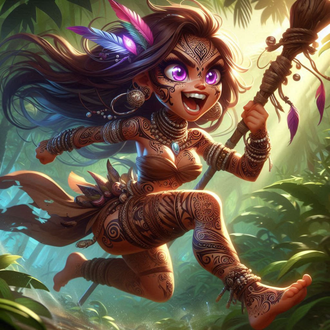 exotic cartoon tribal warrior tattoos yelling running through the jungle spinning a staff above her head while jumping and attacking, adorne...