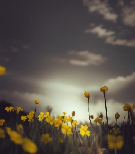 A group of happy ducklings on a pond evolved from flowers in a field