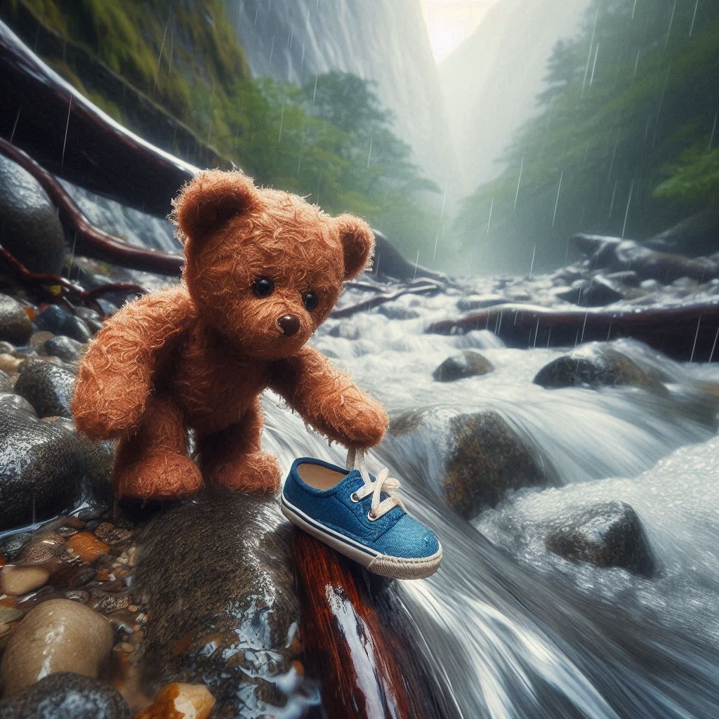 A drenched teddy bear carefully descending a muddy, slippery riverbank during a heavy rainstorm. The bear is reaching for a tiny blue childr...