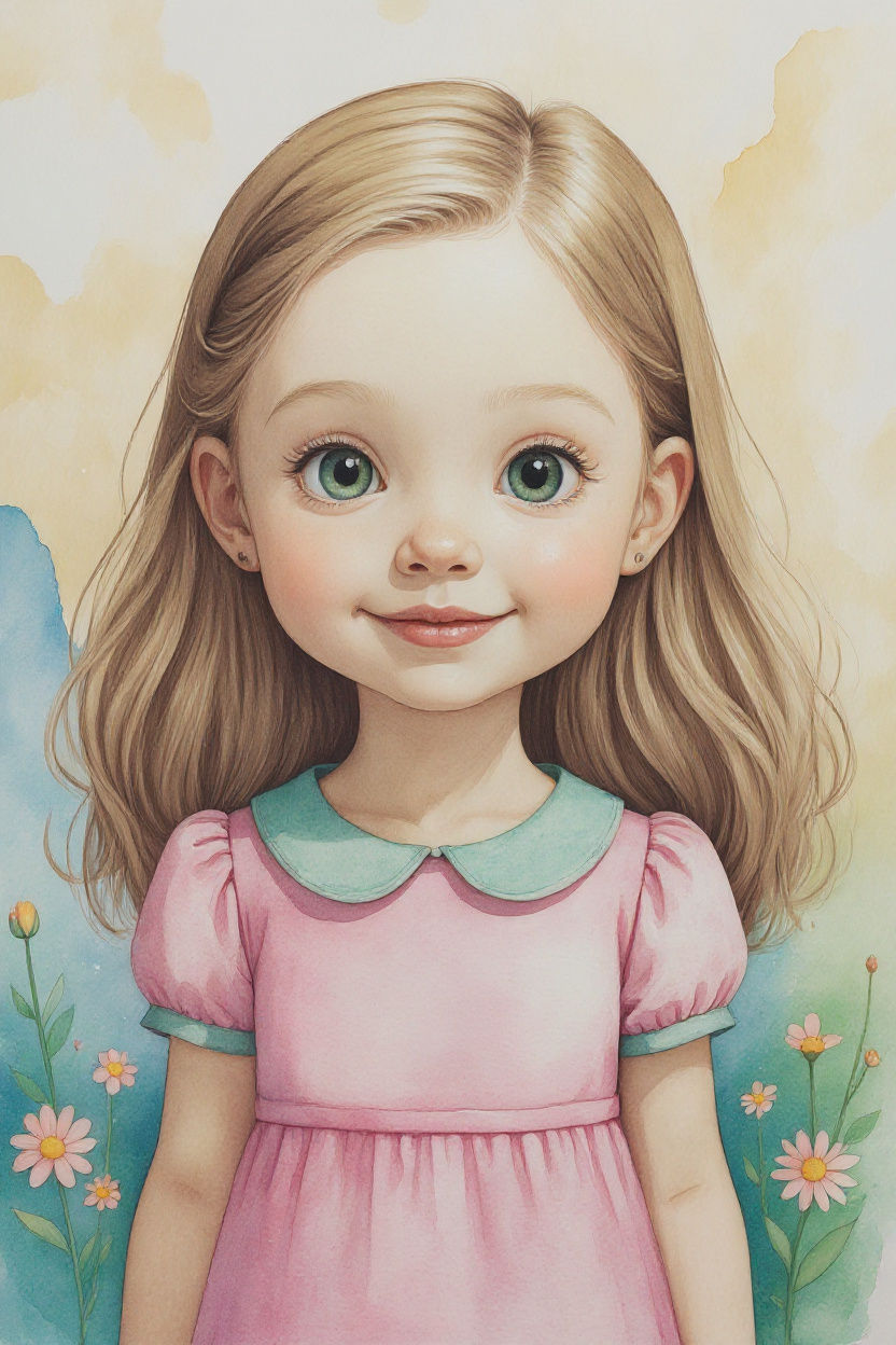 Create a zoomed-out storybook watercolor portrait in the exact same style, brush technique, facial proportions, lighting, and softness as Im... - Start Image 1