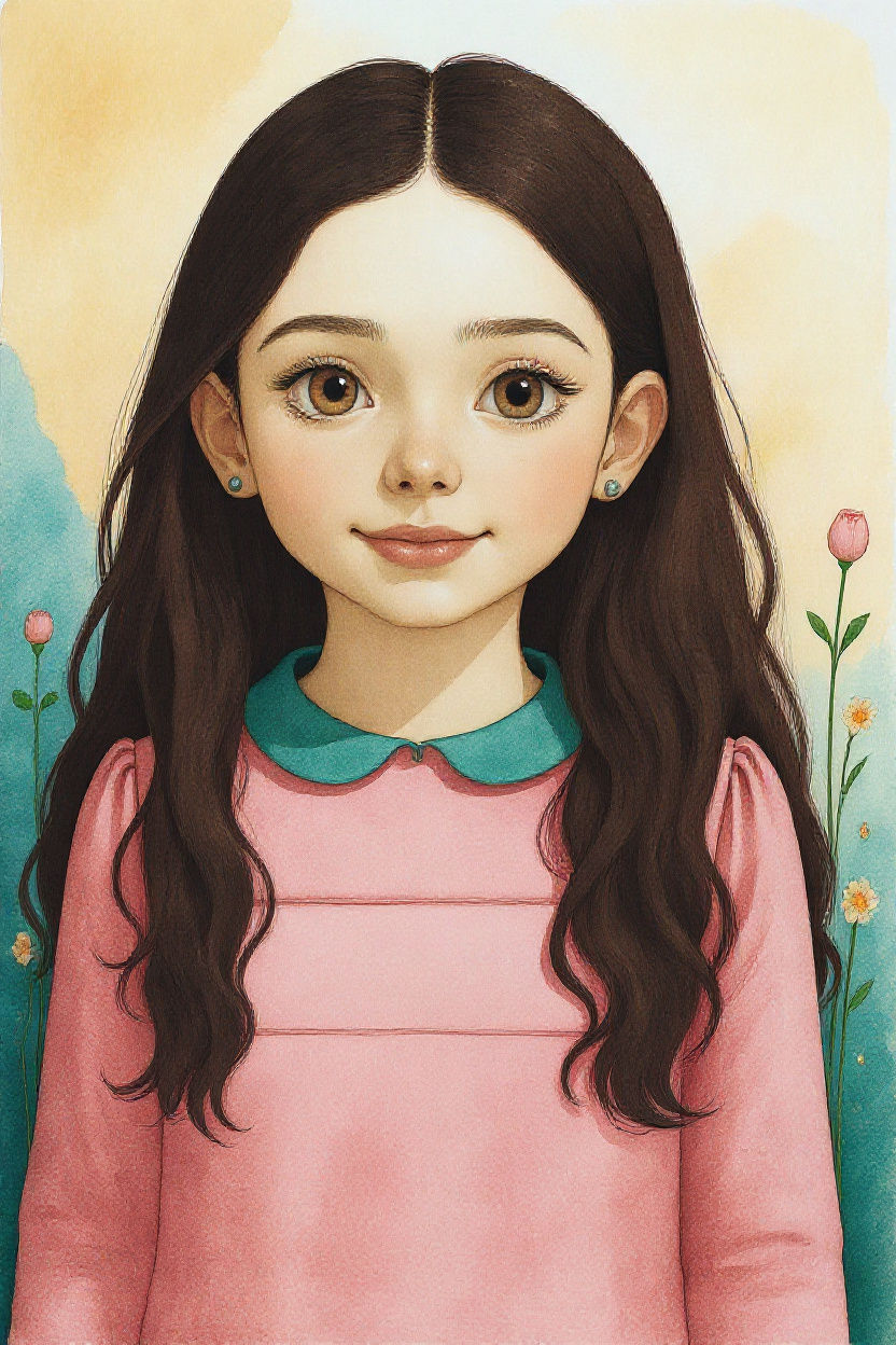 Create a zoomed-out storybook watercolor portrait in the exact same style, brush technique, facial proportions, lighting, and softness as Im... - Start Image 2