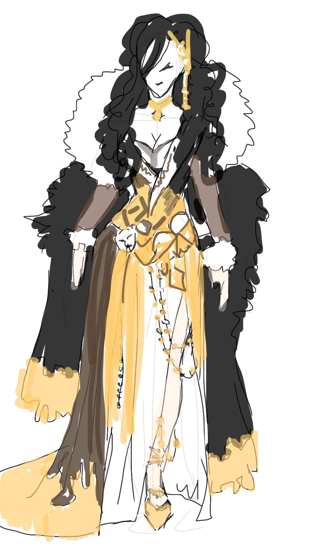 Russian girl, fur coat, jewelry beads and diamonds, Siberia bear symbol. Color black and white and gold