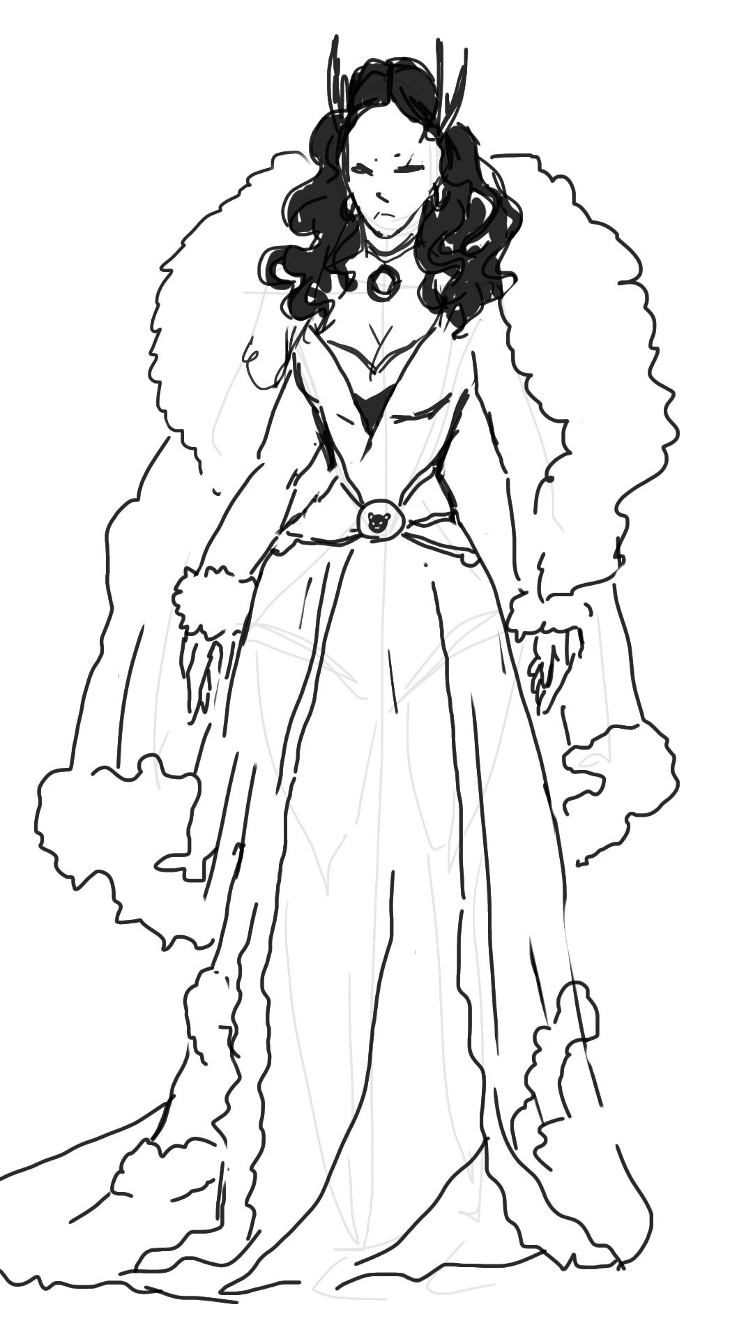 Russian girl, fur coat, jewelry beads and diamonds, Siberia bear symbol. Color black and white and gold