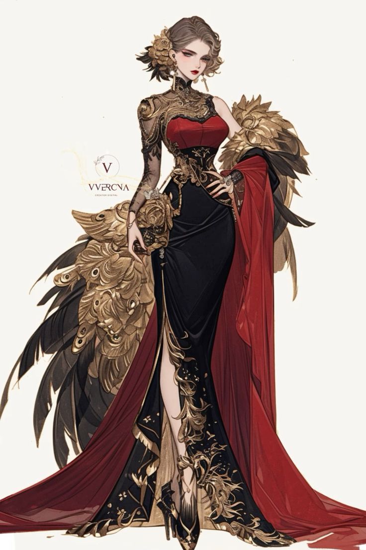 современная мода, золото и перья , платье черное и красное