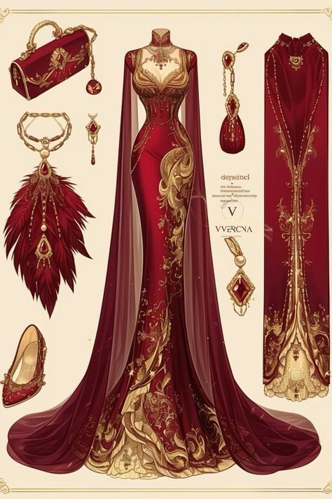 платье длинное красное с золотыми украшениями, на рукаве фаты длинные