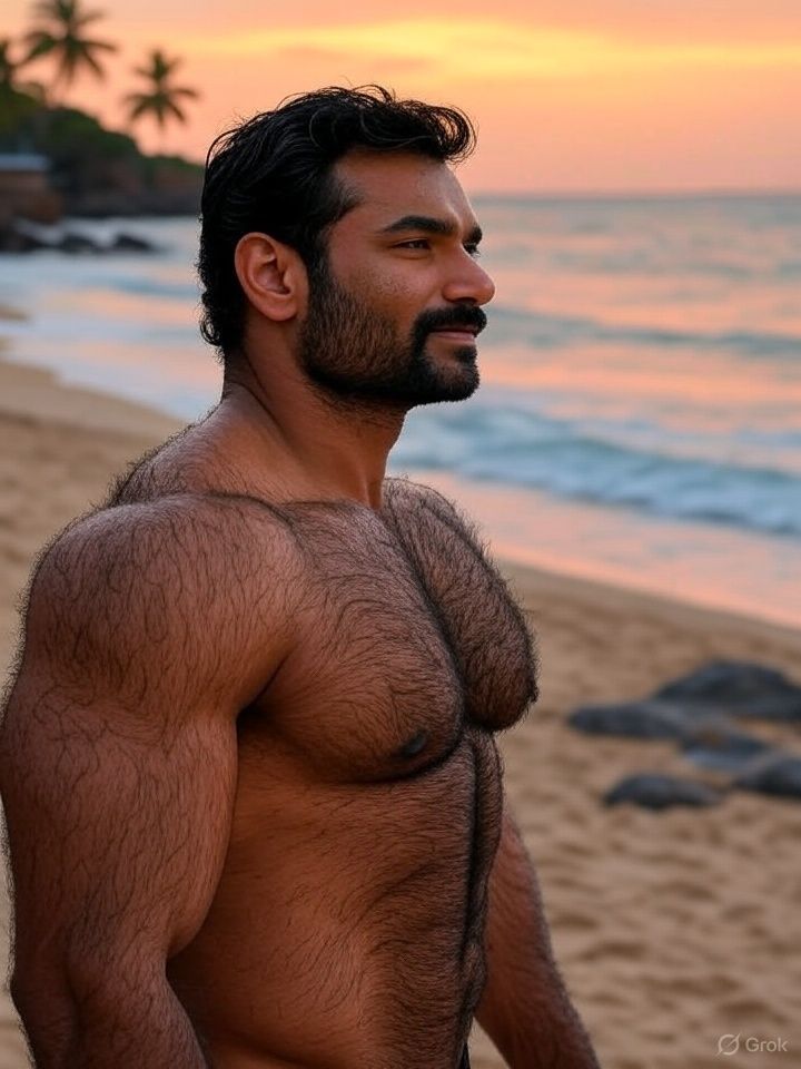 Lone Handsome Guy on Sandy Beach at Sunset 