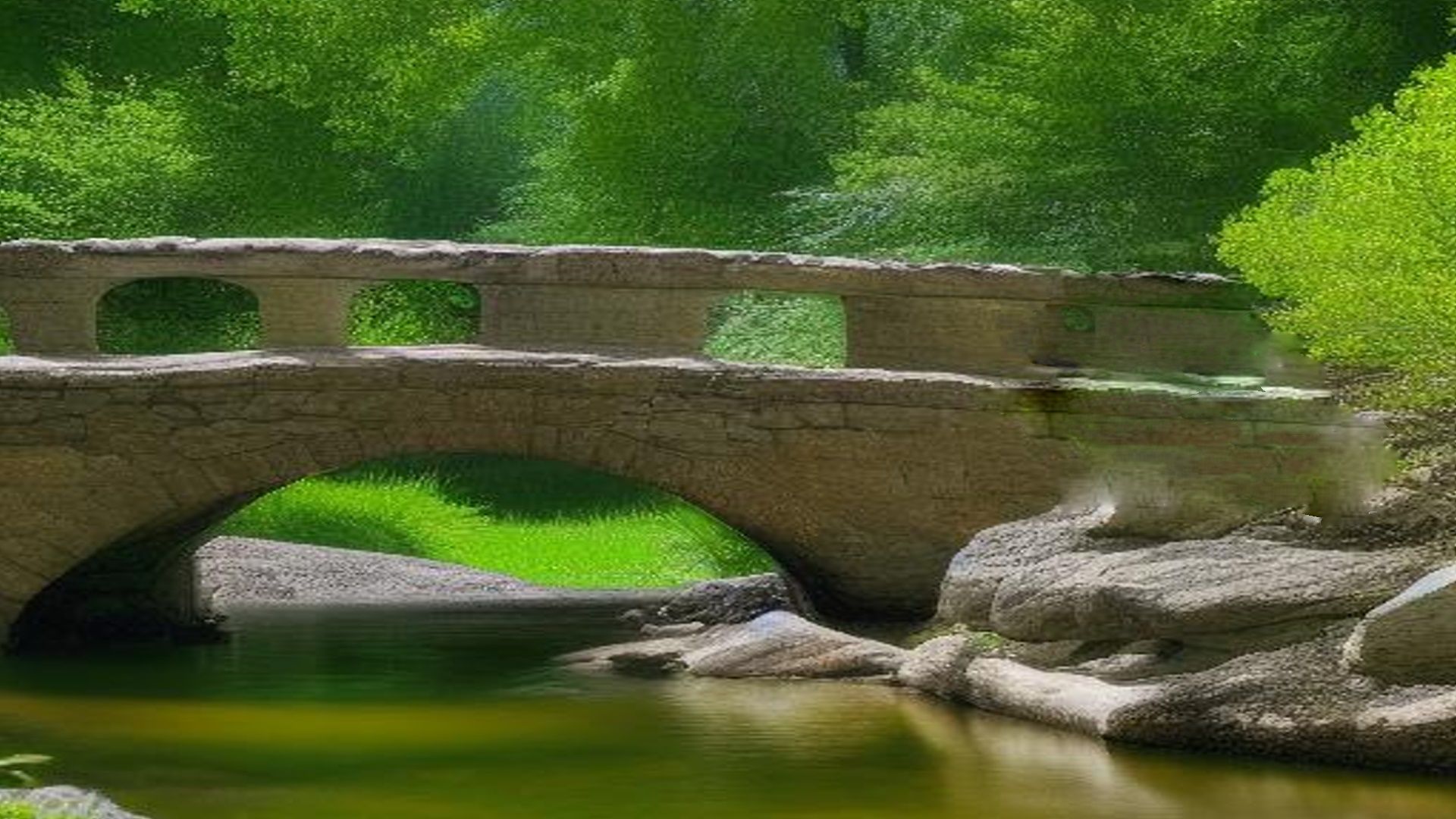 A stone bridge over a creek in a garden park with trees and flowers. intricate details, HDR, beautifully shot, hyperrealistic, sharp focus,...