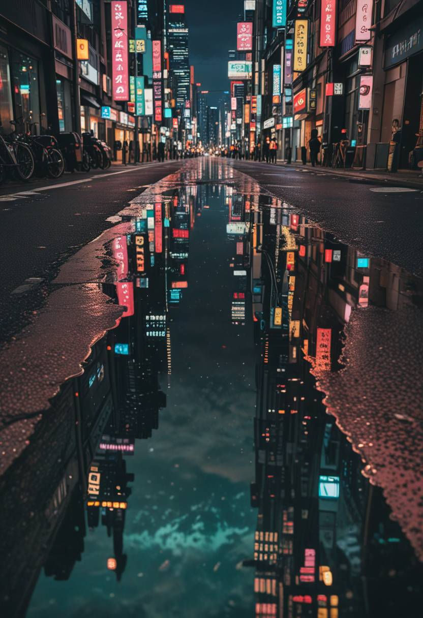 Neon glowing cityscape in the night with beautiful reflections